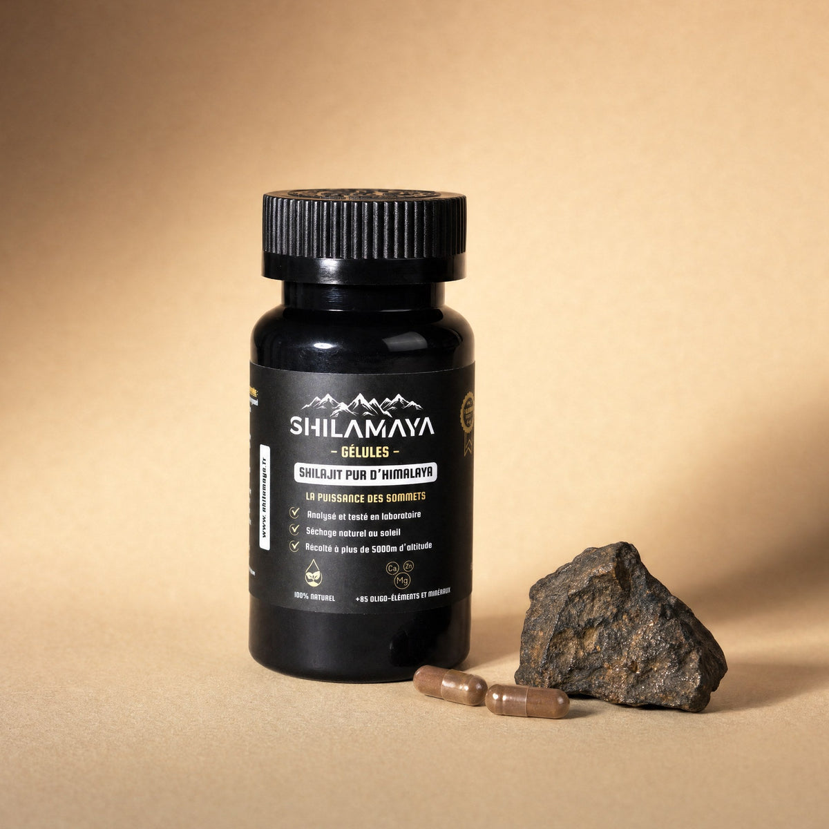 Gélules de Shilajit pur d'Himalaya SHILAMAYA - pot de 60 gélules